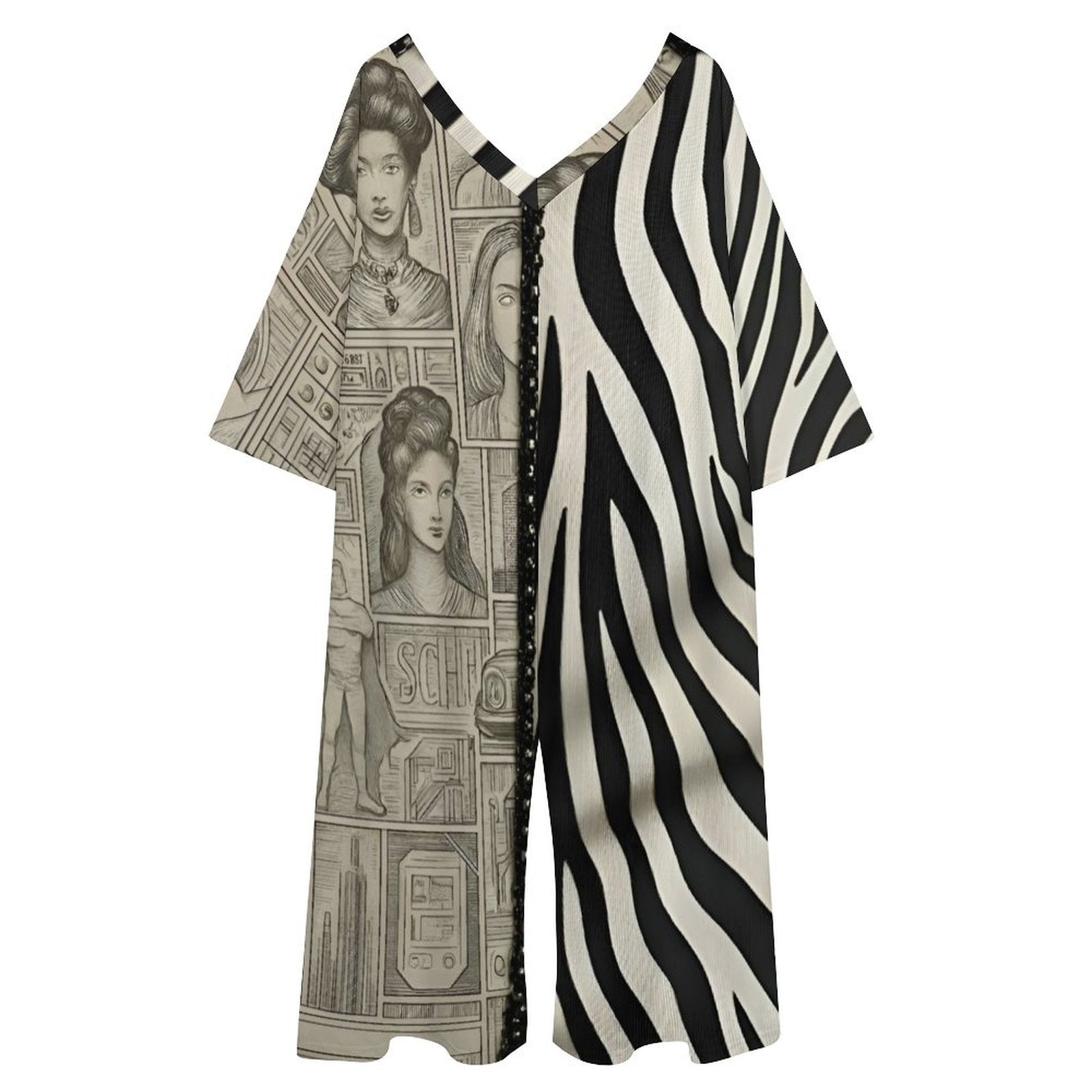 Rich and Rich Beige Pattern and Stripes Loose jumpsuit Women's V-Neck Loose Jumpsuit