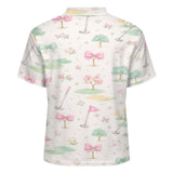 Women’s short‑sleeve tailored polo with multicolor graphic print in pique fabric — additional view 10
