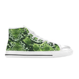 Green abstract canvas high-top women's sneaker with white trim and rubber sole — side view