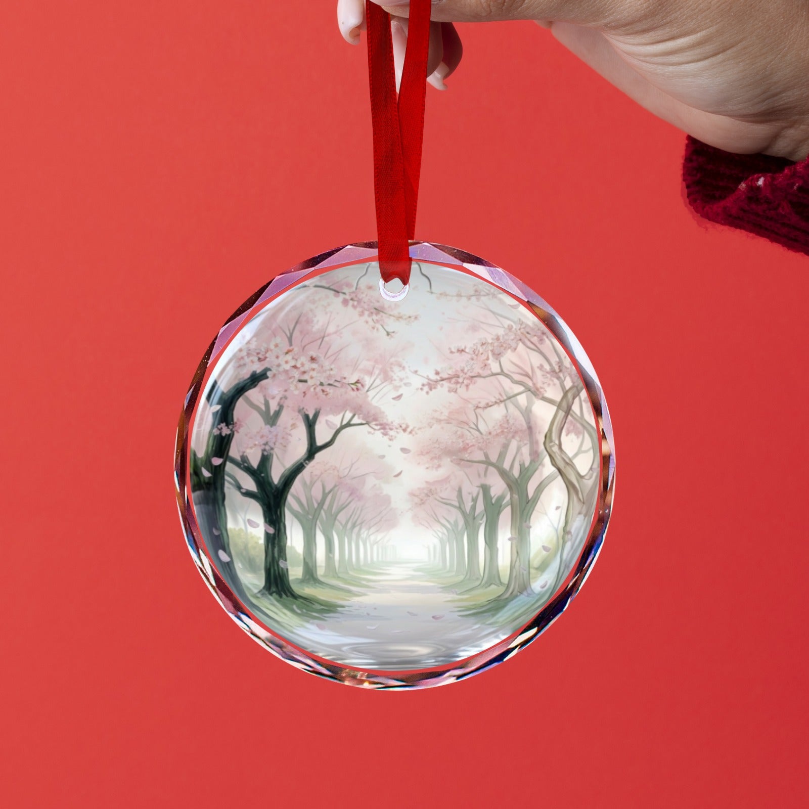 A Rich and Rich Cherry Blossom Trees Round Crystal Glass Ornament