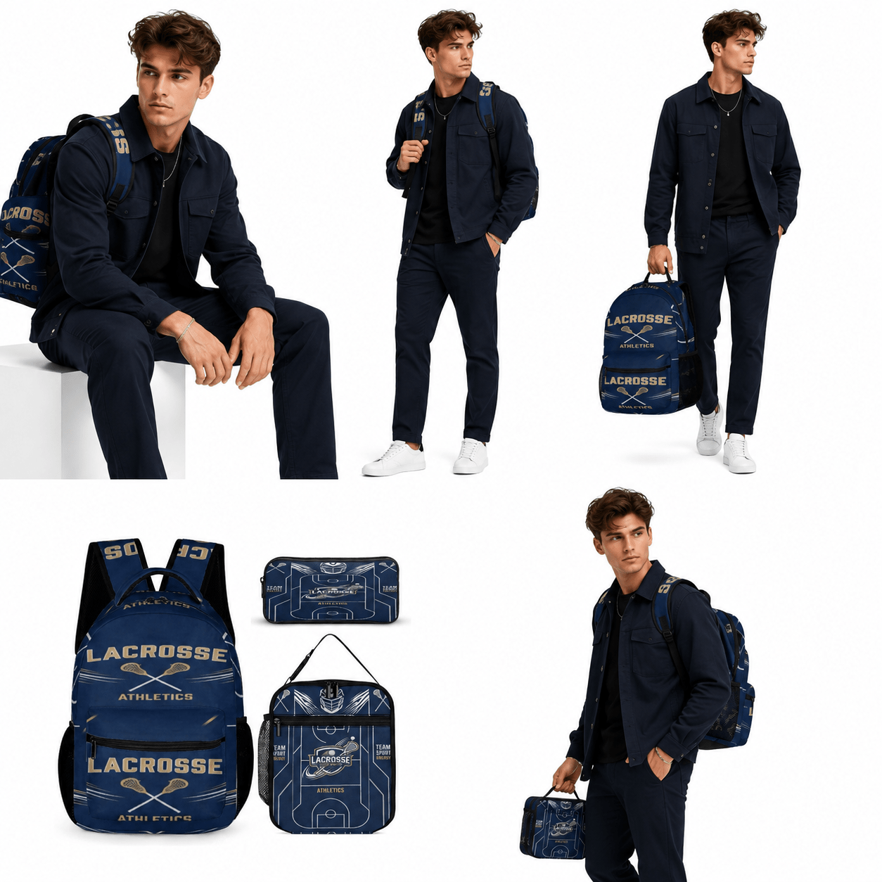 Blue lacrosse three-piece set with backpack, insulated lunch bag, and matching pencil case — side view