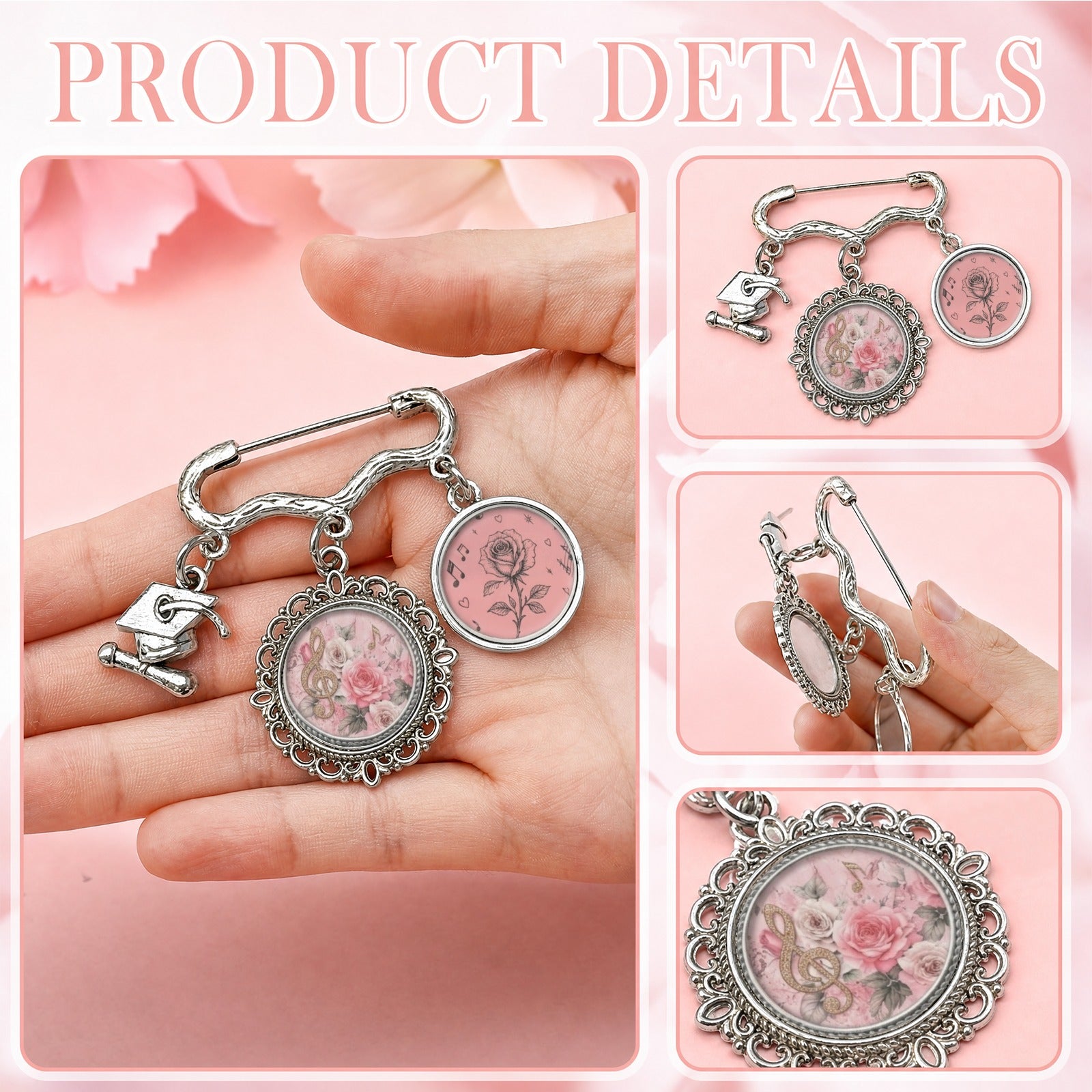 Rich and Rich Women's Pink Roses and Musical Notes Charm Brooch