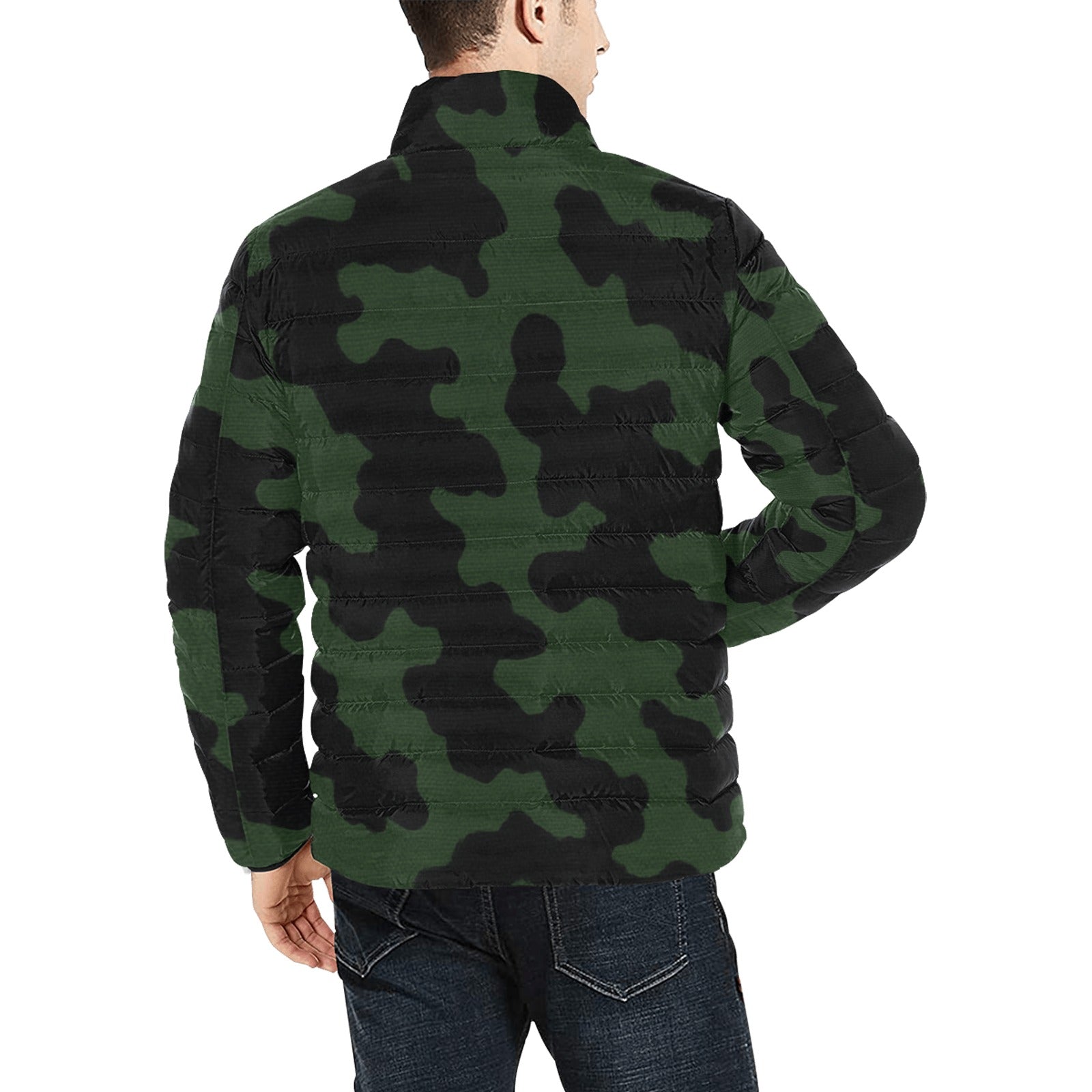 Men's green camouflage puffer jacket with stand-up collar and zipper closure — alternate view