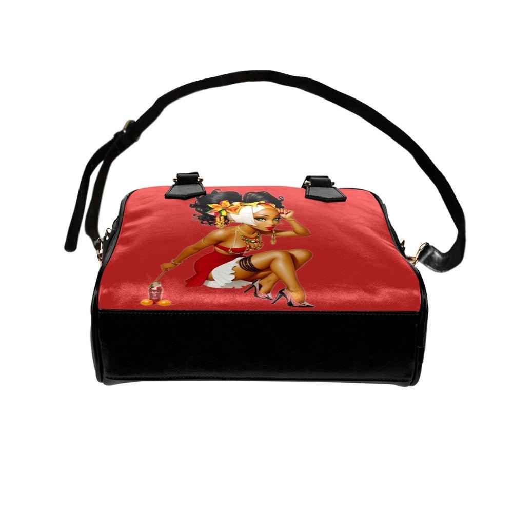 Red PU leather shoulder handbag with double handles and removable adjustable fabric strap — product detail
