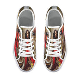 Red low-top women's sneaker with all-over caricature print and flexible rubber sole — additional view 6