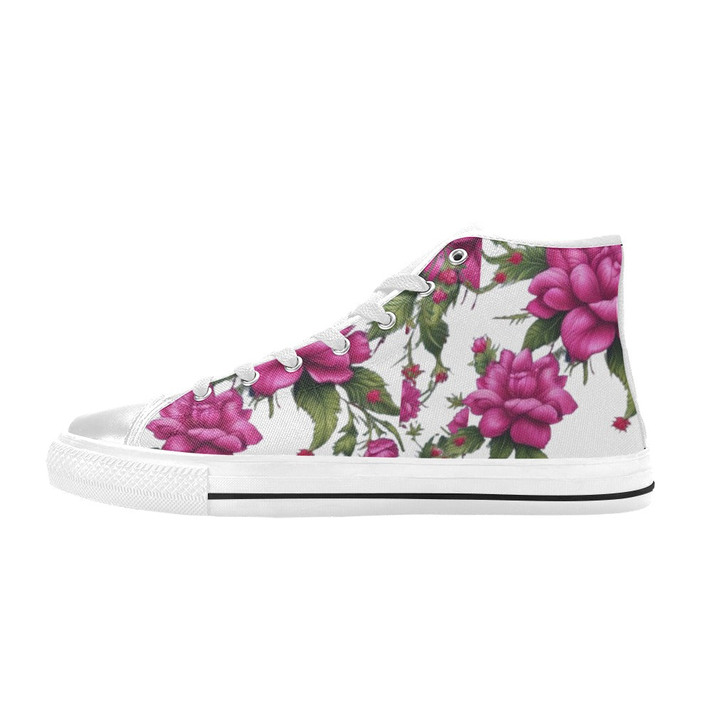 R&RH Fushia Roses women's high top canvas sneakers with vibrant floral design