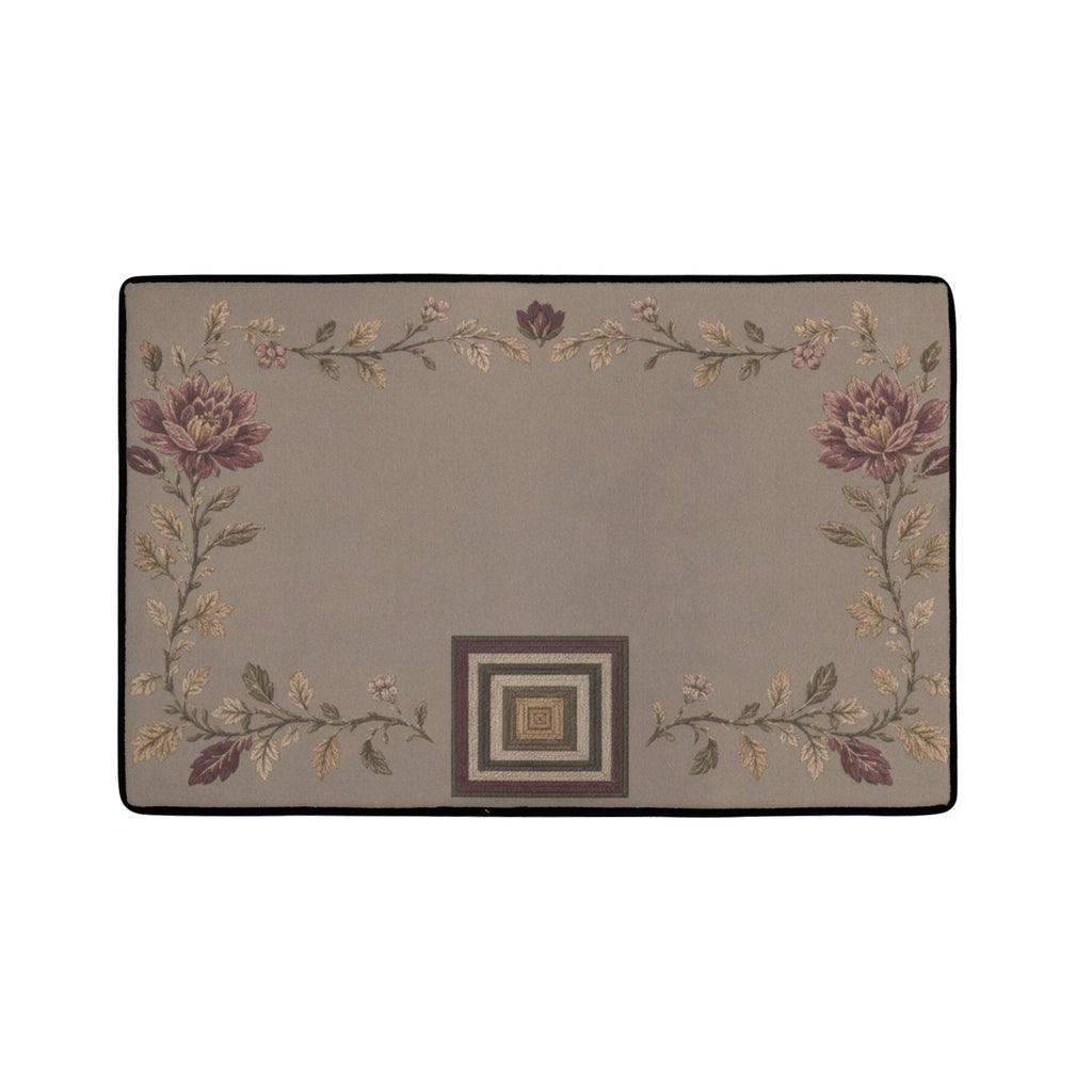 Flat lay of taupe area rug with scrolling vine pattern and concentric square motif