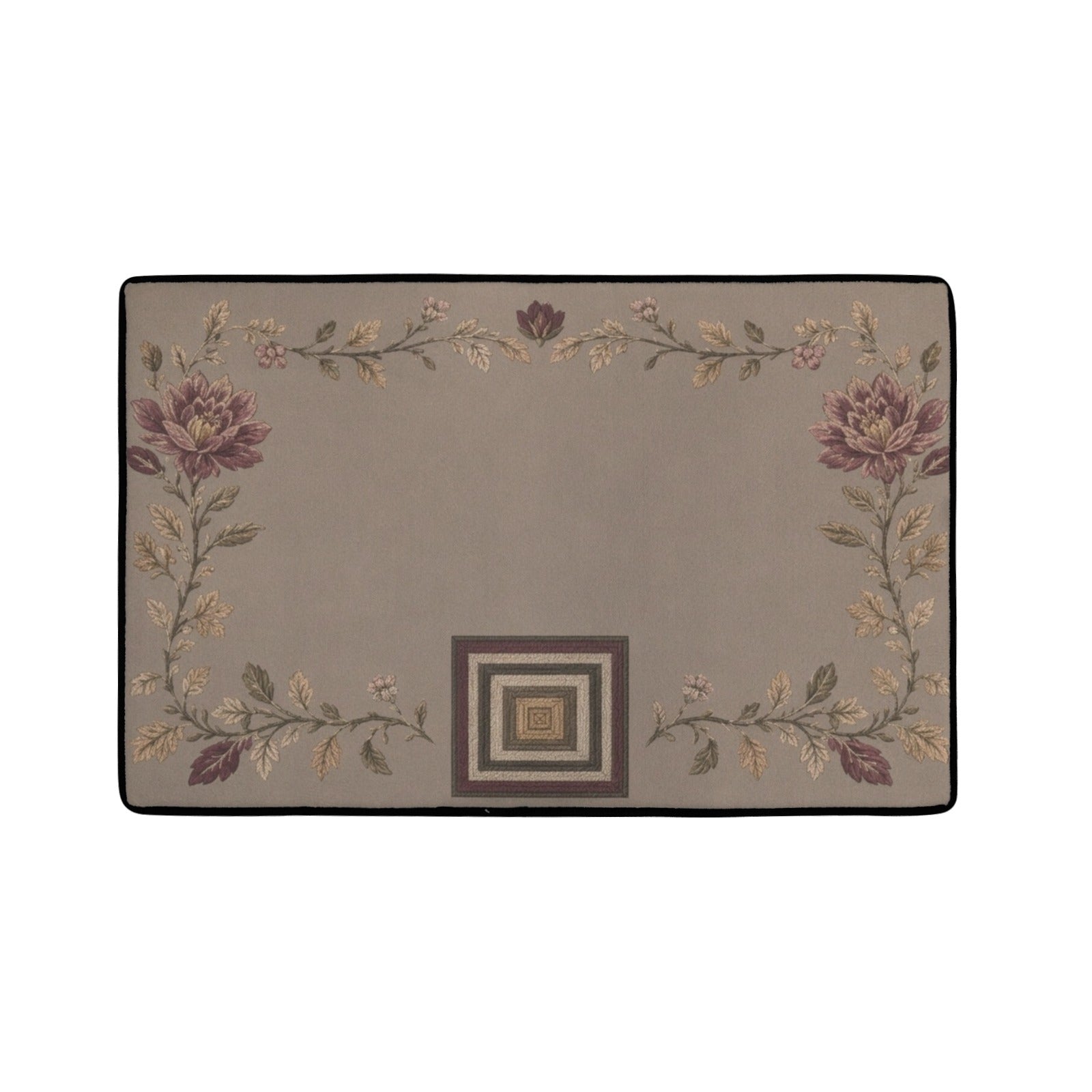 Flat lay of taupe area rug with scrolling vine pattern and concentric square motif