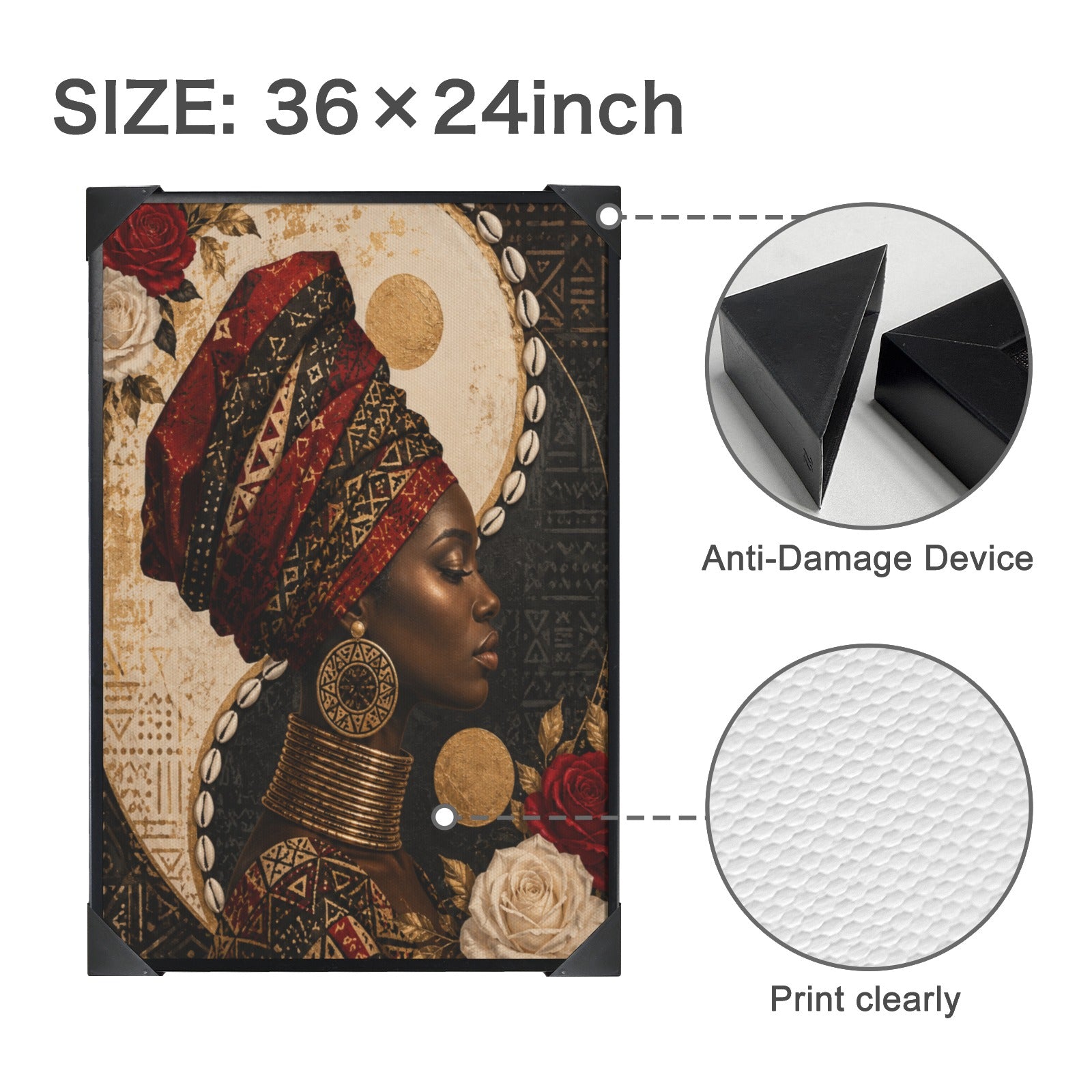 24x36 inch black framed canvas print with protective corner guards and textured surface