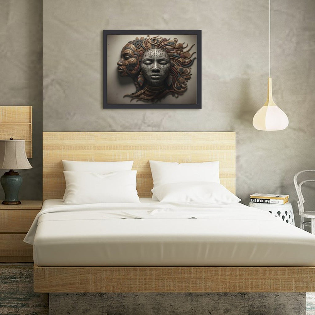 Rich and Rich Home 12x16 wood framework painting featuring abstract faces art