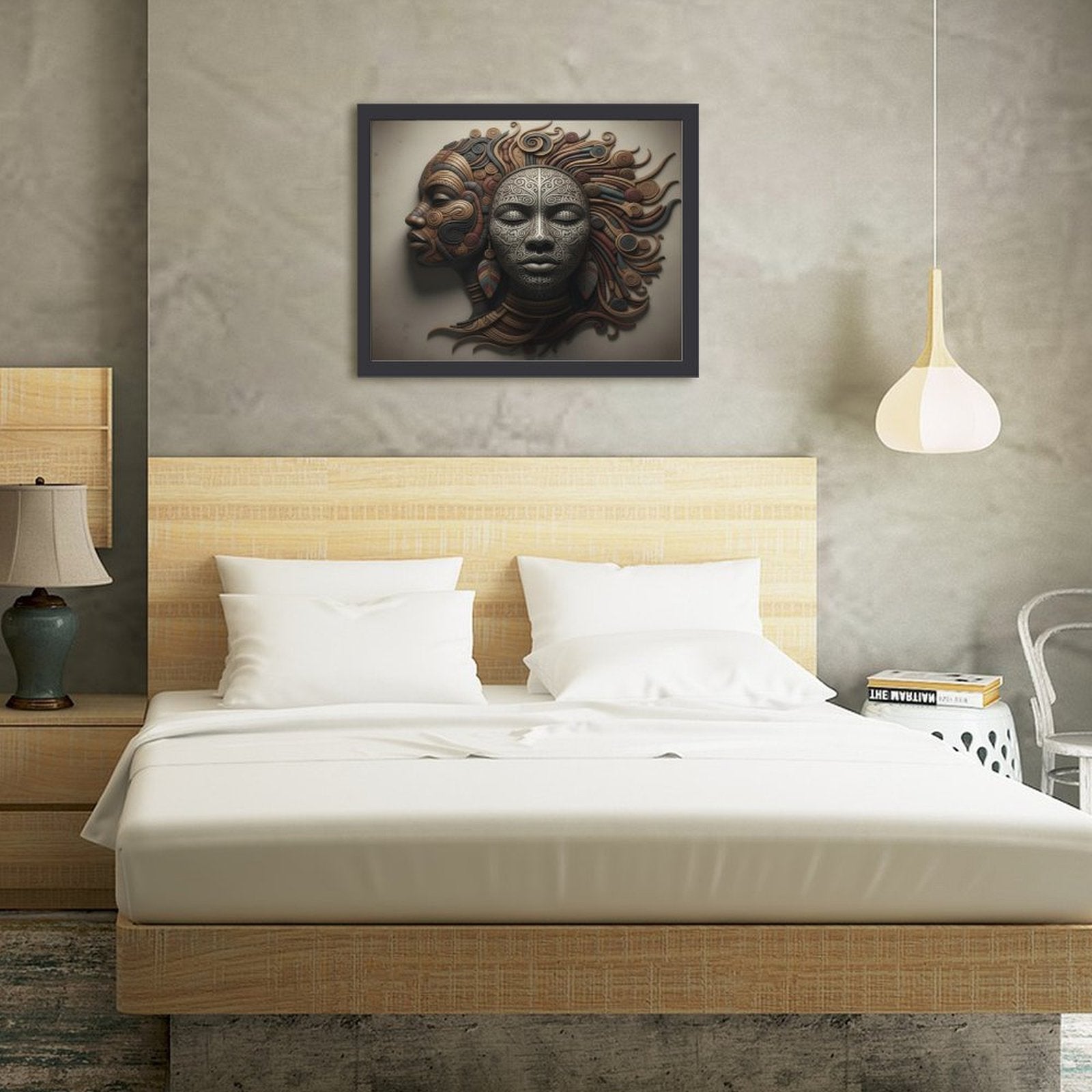 Rich and Rich Home 12x16 wood framework painting featuring abstract faces art