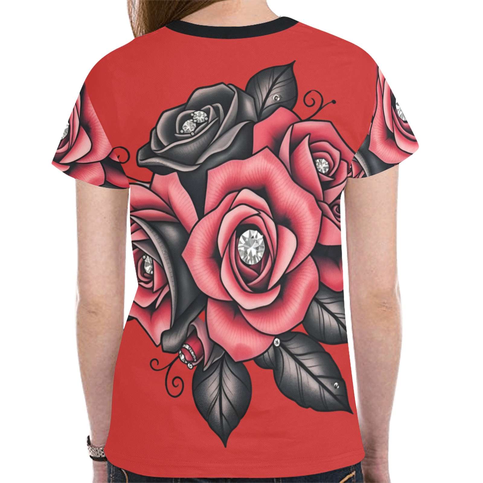 Red women's t-shirt with roses and diamonds all-over print in polyester mesh — product detail