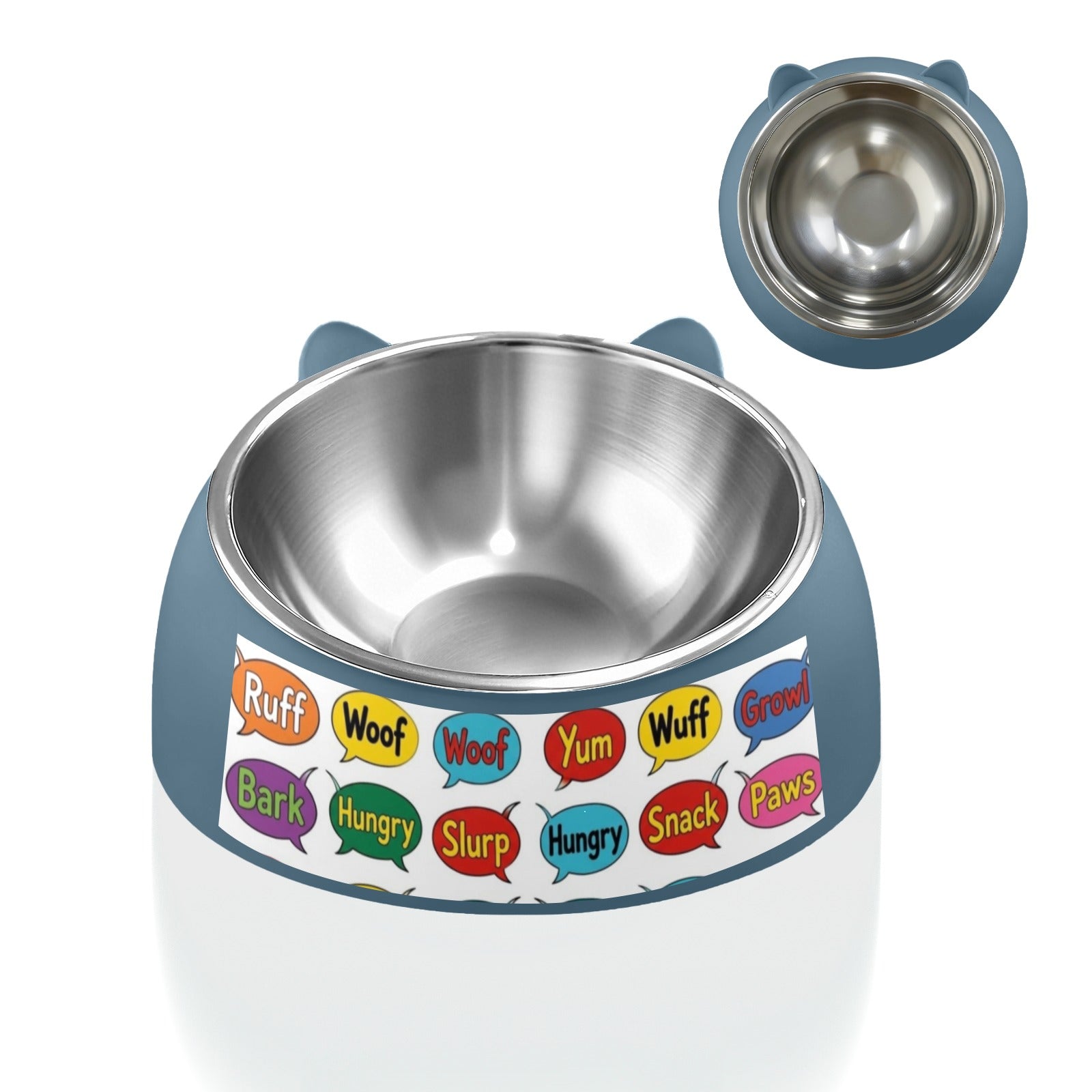 Rich and Rich custom pet bowl with speech bubble design and removable stainless steel liner