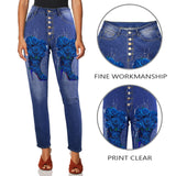 High-waist women's boot jeans with Royal Blue Rose front print and five-button fly — rear view