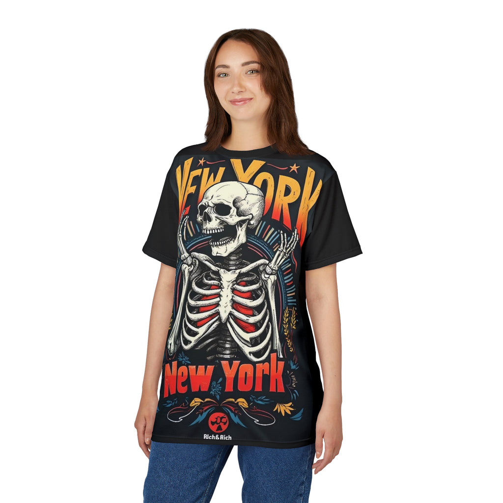 Unisex Gothic New York Skeleton T-Shirt with bold skull graphic on black background
