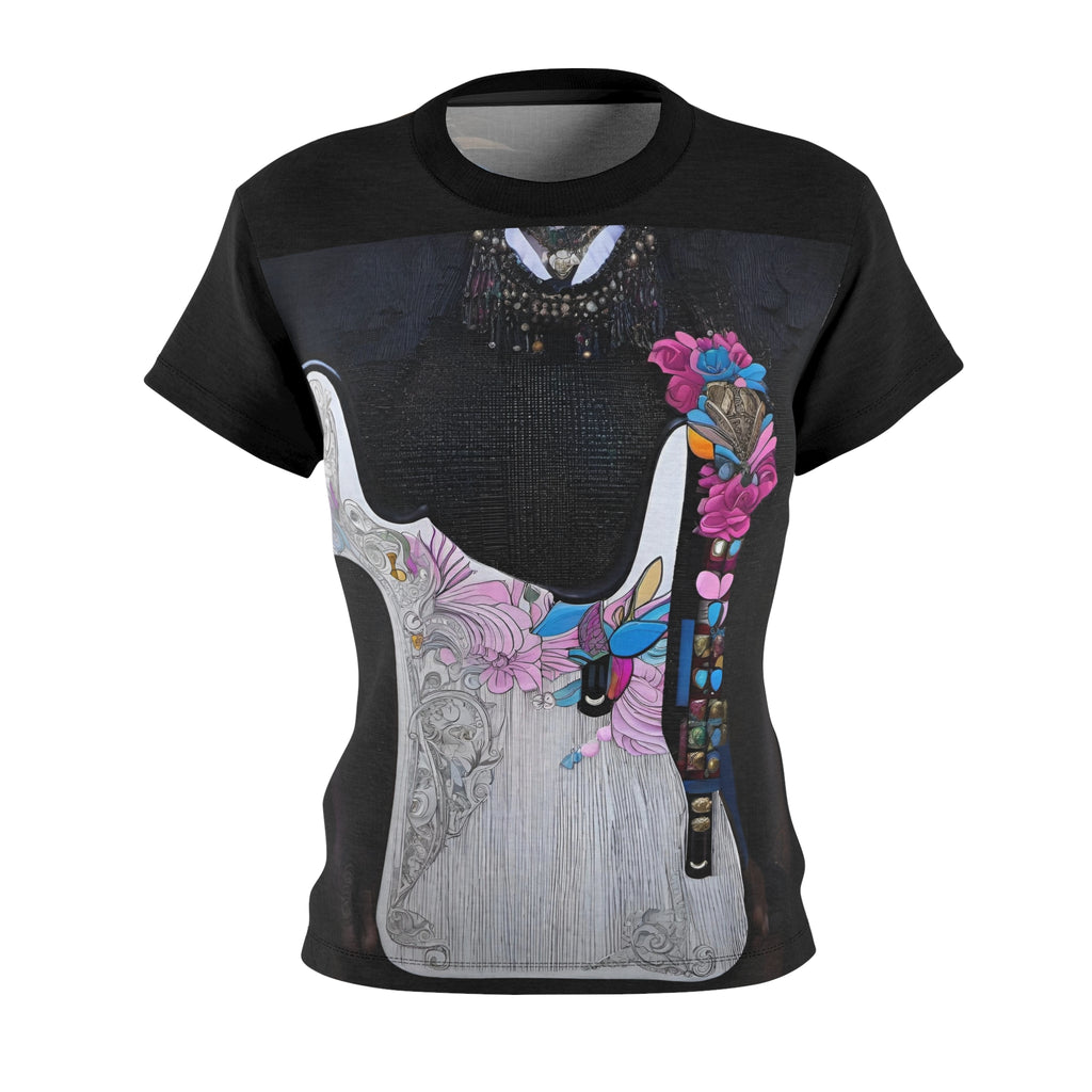 R&RH Black Guitar Women's T-Shirt with all over guitar print, crew neck, and regular fit