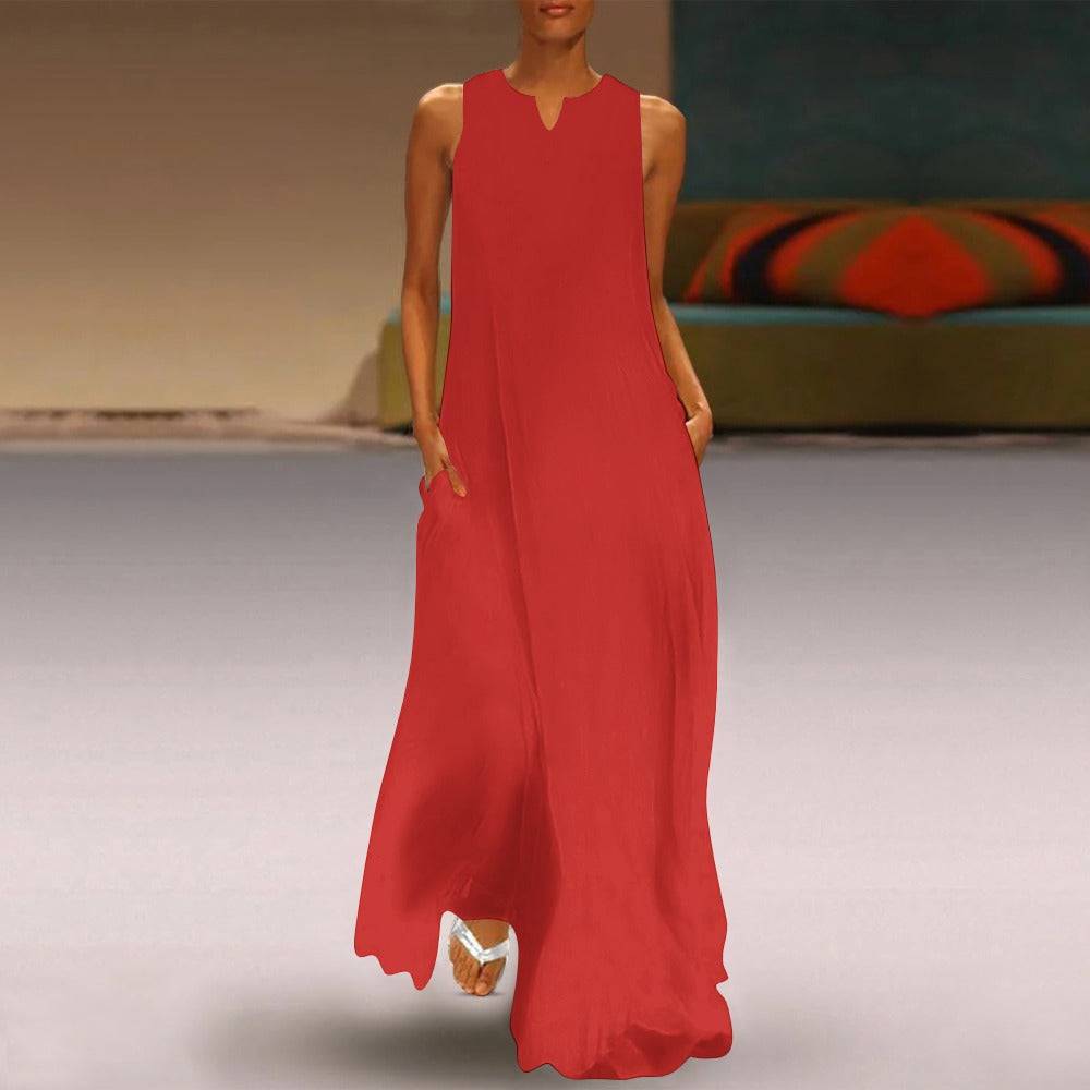 Sleeveless ankle-length red women's dress with slim fit and side pockets