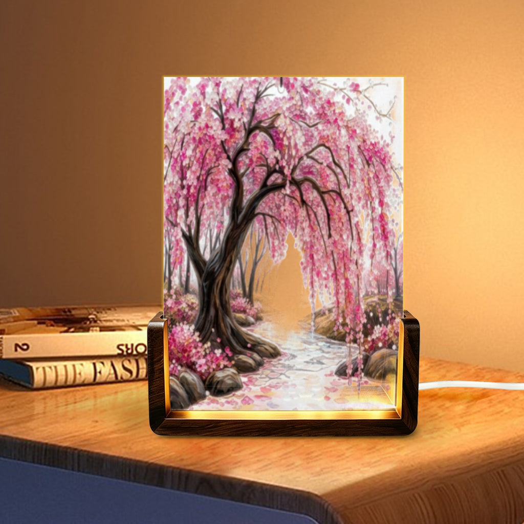 Japanese Cherry Blossom Acrylic Night Light Walnut Base 5"x7" (3 Color Temps Walnut Base)