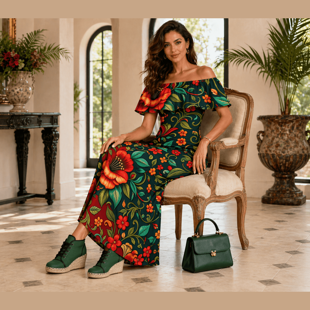 Women’s embroidered multicolor off-shoulder dress with ruffle boat neck and floral detailing — alternate view