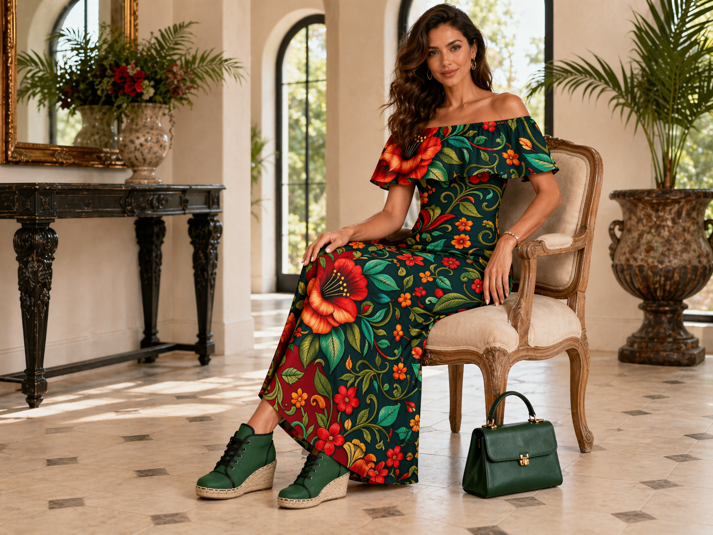 Rich and Rich Embroidered Floral Multicolor Women’s Off Shoulder Ruffle Boat Neck Dress