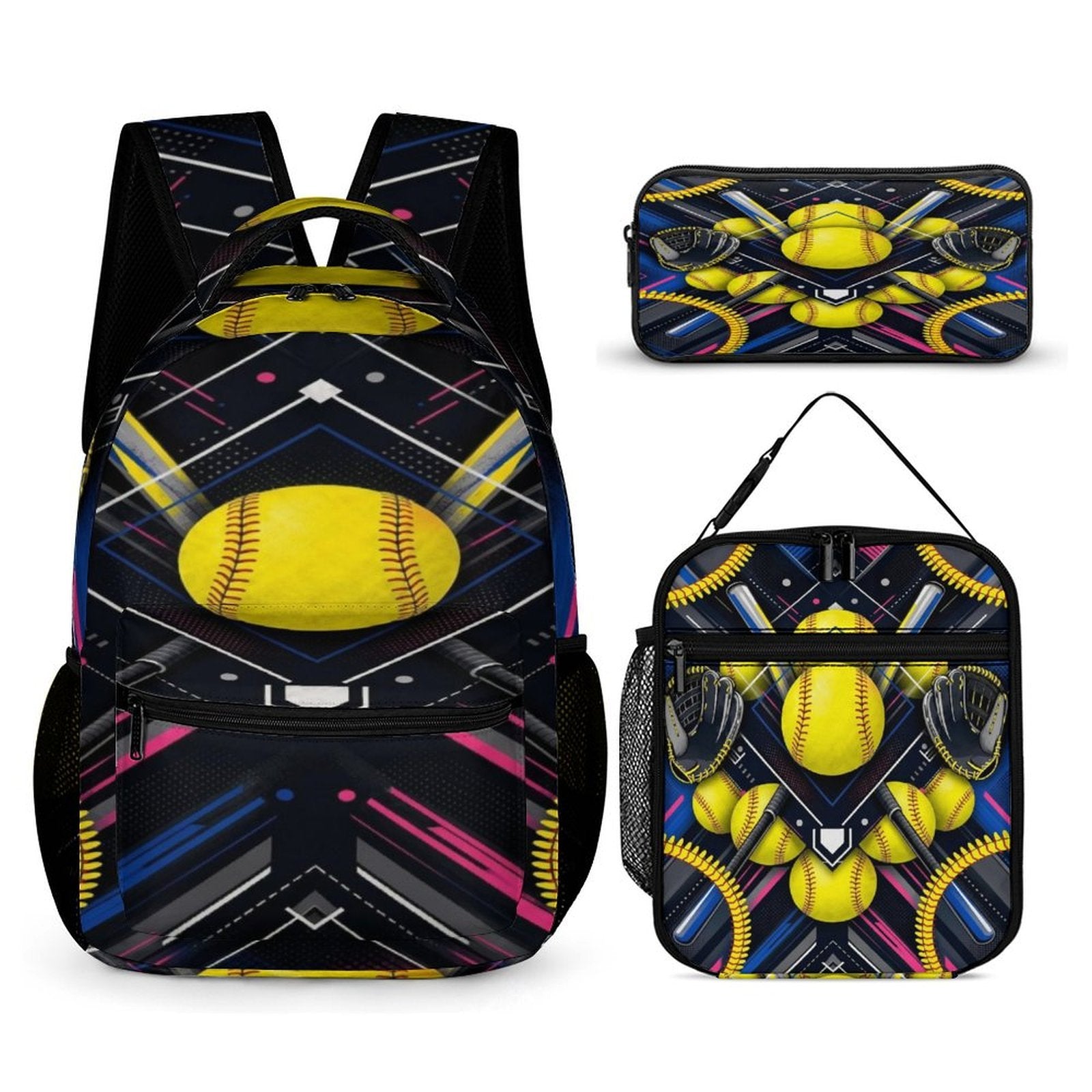 Blue softball-themed three-piece backpack set including backpack, insulated lunch bag, and pencil case — side view