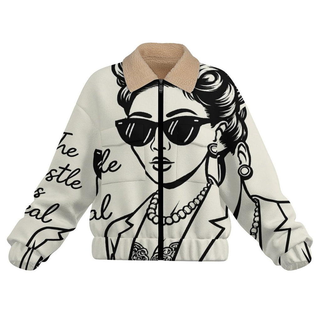 Rich and Rich The Hustle Is Real women's beige fleece jacket with patch pockets and sherpa lining