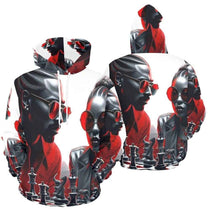 White men's all-over print hoodie with chess game motif, kangaroo pocket and ribbed cuffs and hem