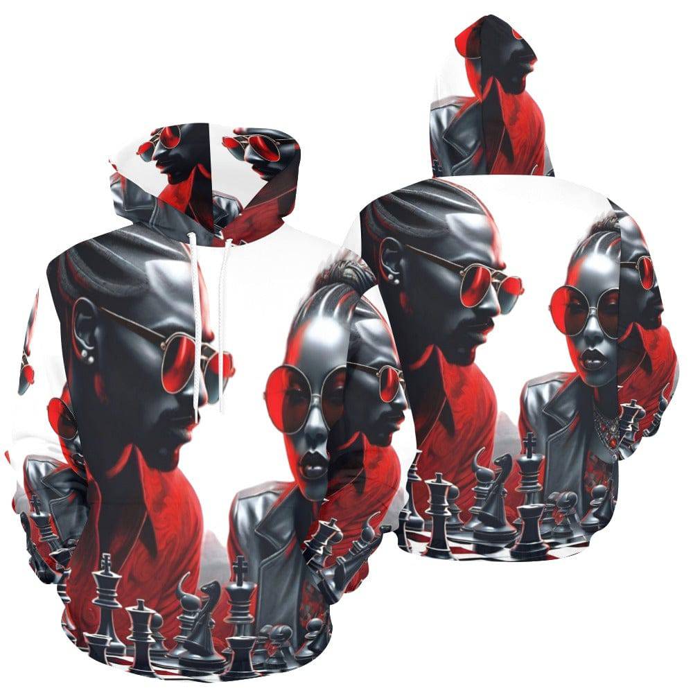 R&RH Men's White Chess Game All Over Print Hoodie front view