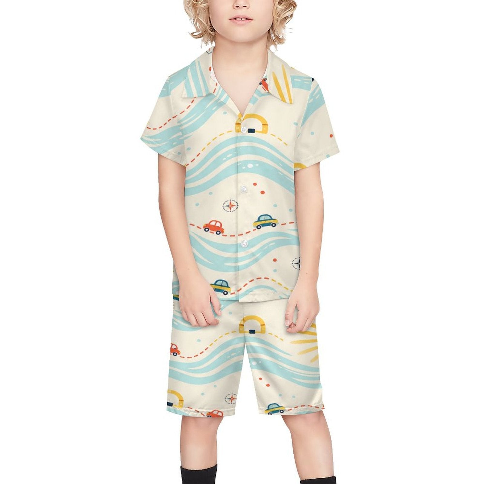 Bright yellow boys' short-sleeve button-up shirt with matching shorts in smooth peach-skin velvet