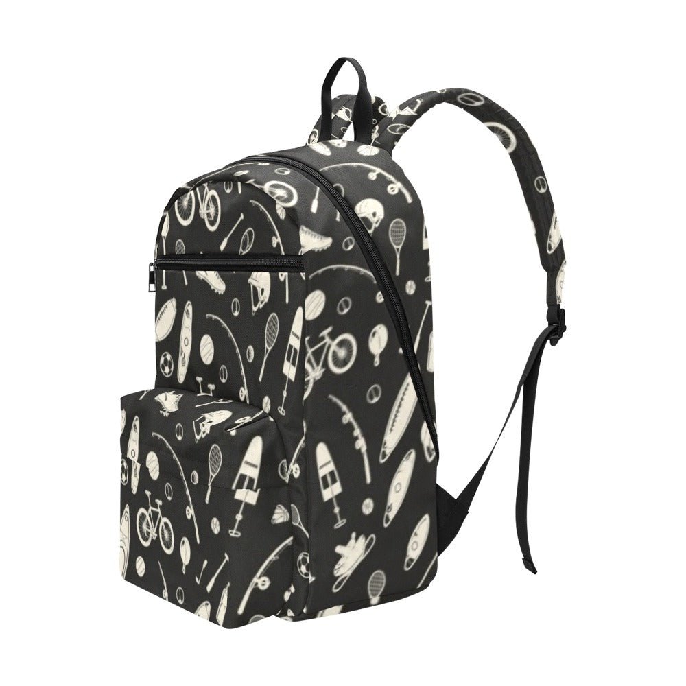 Travel backpack with sport-inspired artwork, padded laptop sleeve and multiple exterior pockets — rear view