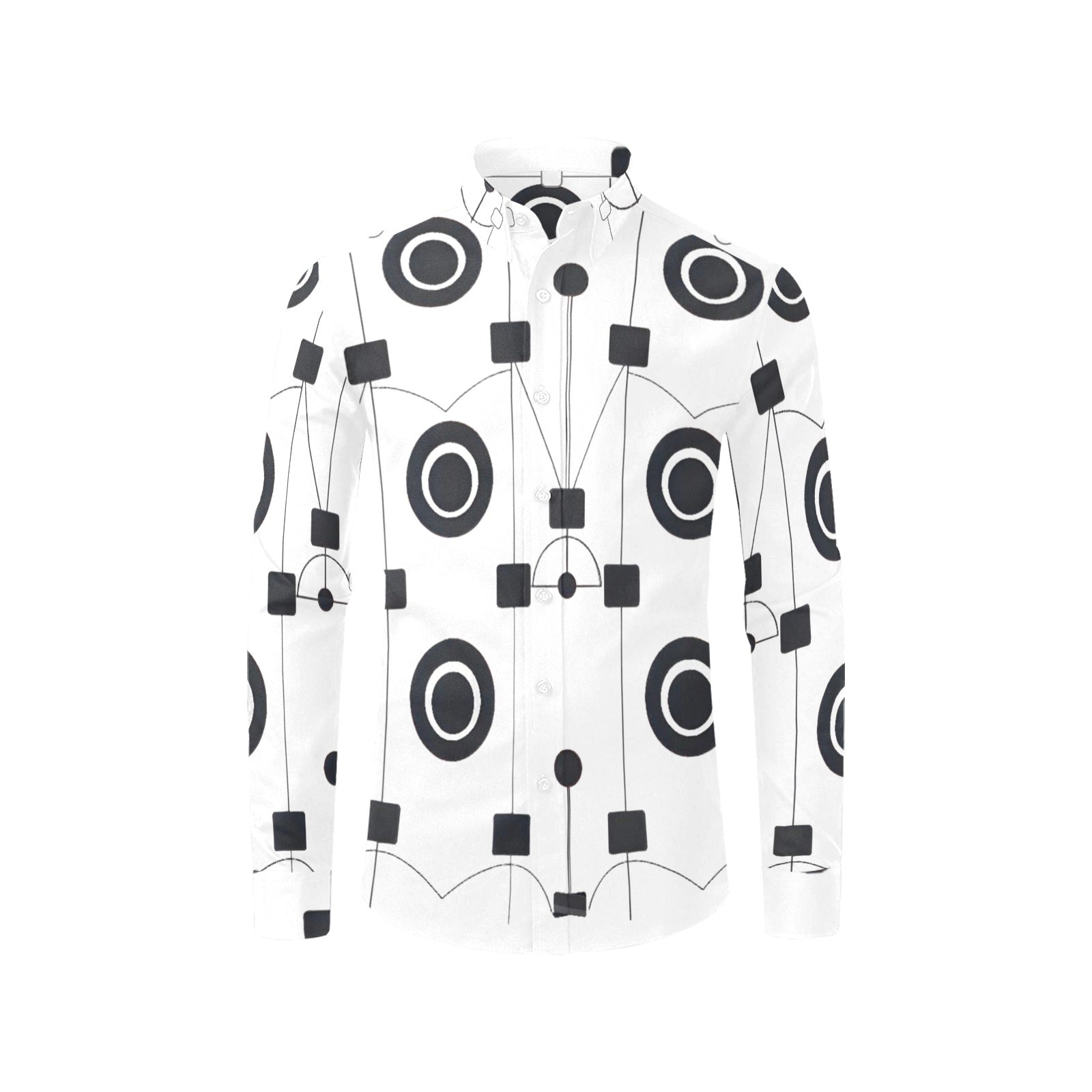 Men's white geometric dress shirt with button-down collar and no chest pocket — product detail