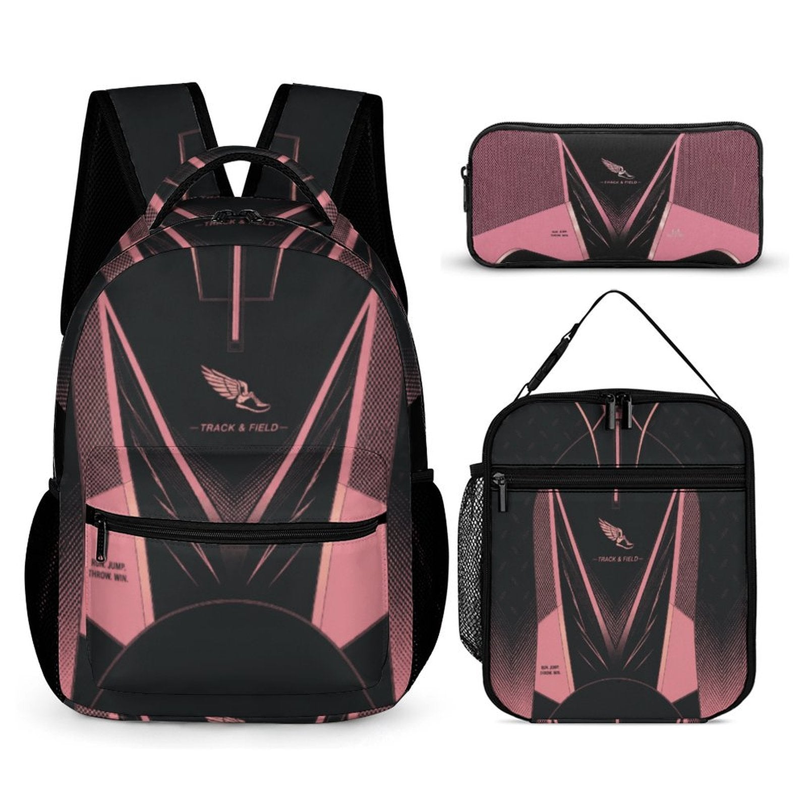 Pink track‑and‑field backpack with matching insulated lunch bag and pencil case — side view