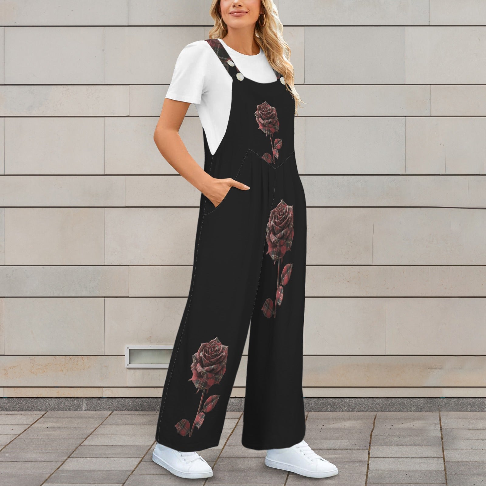 Black sleeveless wide-leg jumpsuit with red rose print and button straps — alternate view