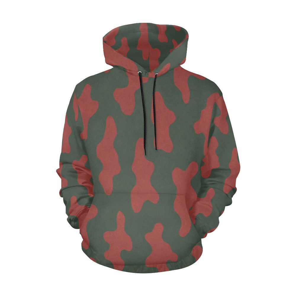 Rich and Rich Men's Red Camo Hoodie front view with kangaroo pocket and red camouflage print