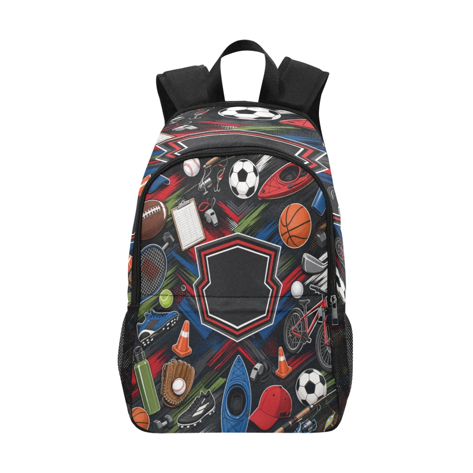 Black 1200D nylon backpack with front pocket, side mesh pockets, and a padded back panel — additional view 6