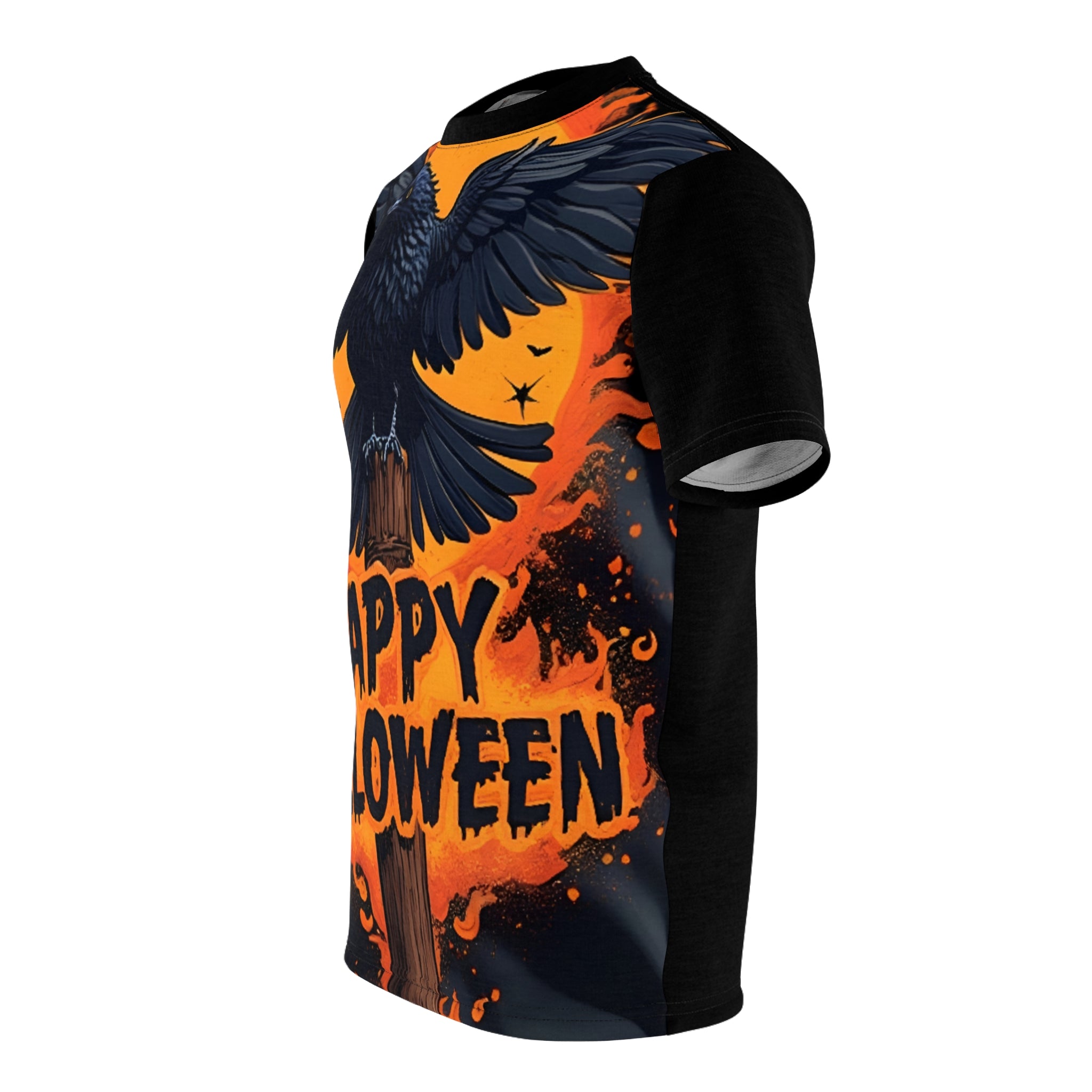 Unisex Halloween Crow Tee with striking raven graphic and Happy Halloween text