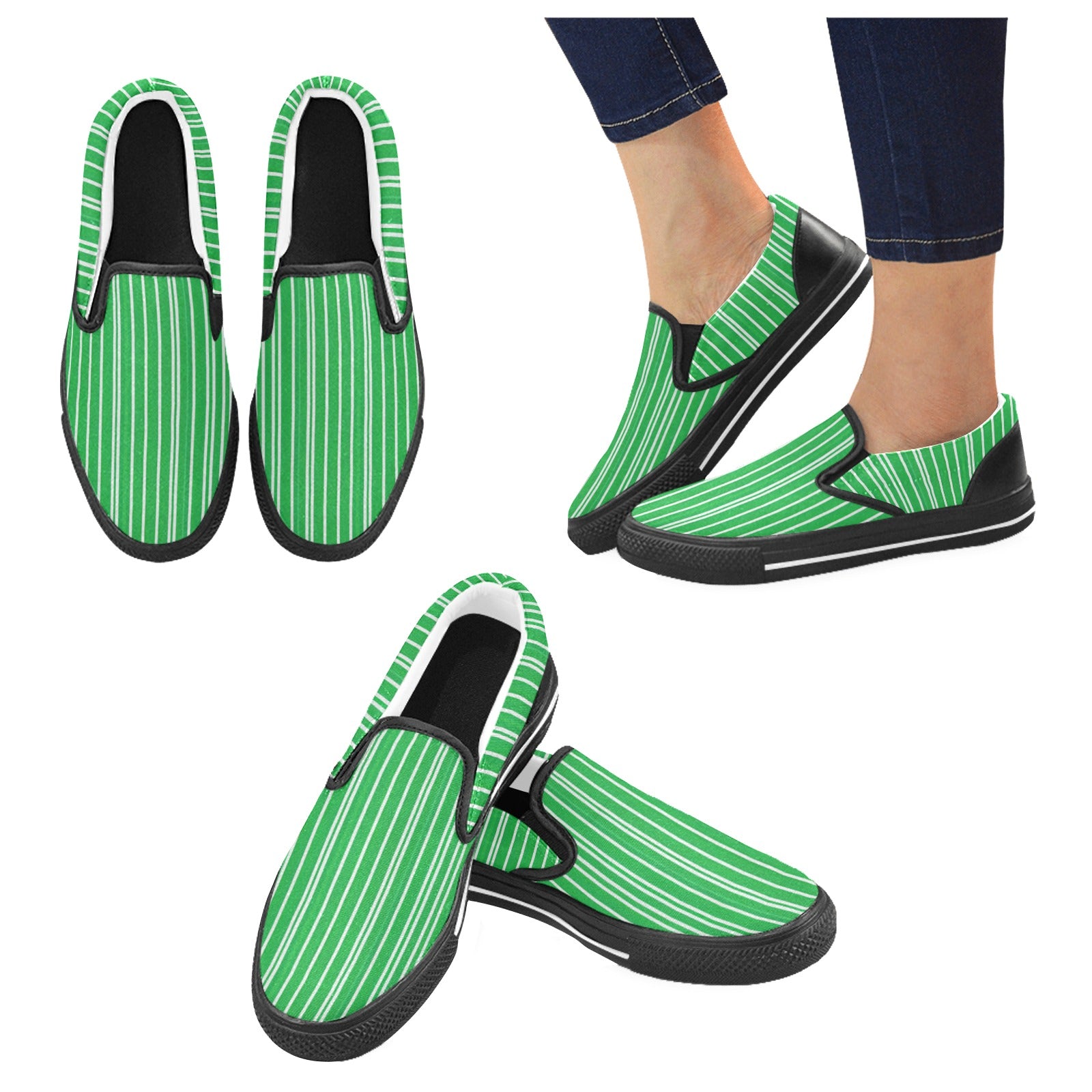 Men's green pinstripe canvas slip-on sneakers with elastic goring and rubber outsole — additional view 8