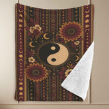 Oversized 90x108 sherpa fleece blanket with Harmony Heritage printed front in burgundy and gold — alternate view