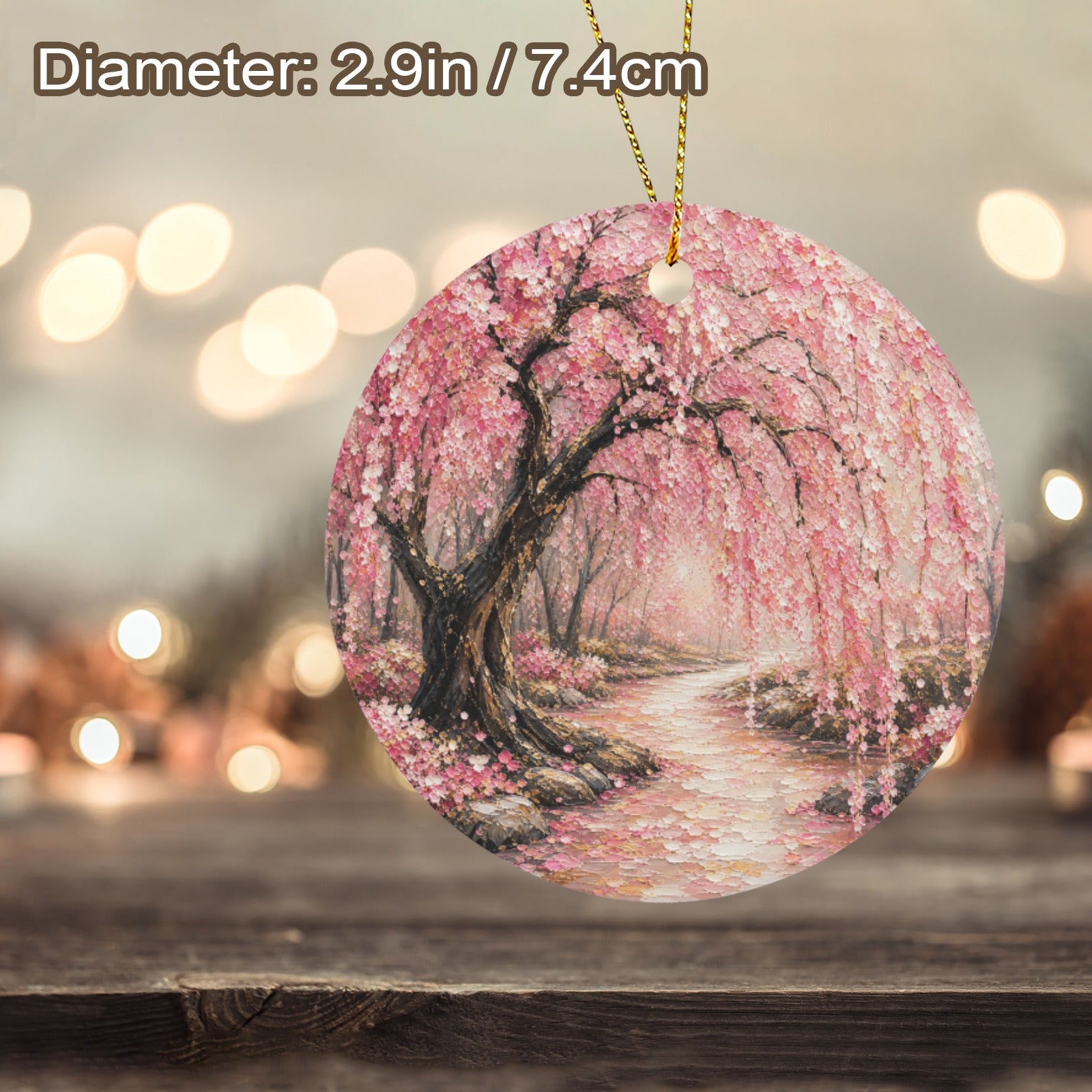 Japanese Pink Cherry Blossom Painting Round Ceramic Ornament (Two-Sided Same Print)
