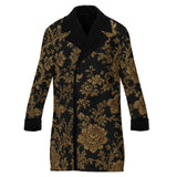 Black men's double-breasted coat with gold floral brocade pattern and sherpa lining — product detail