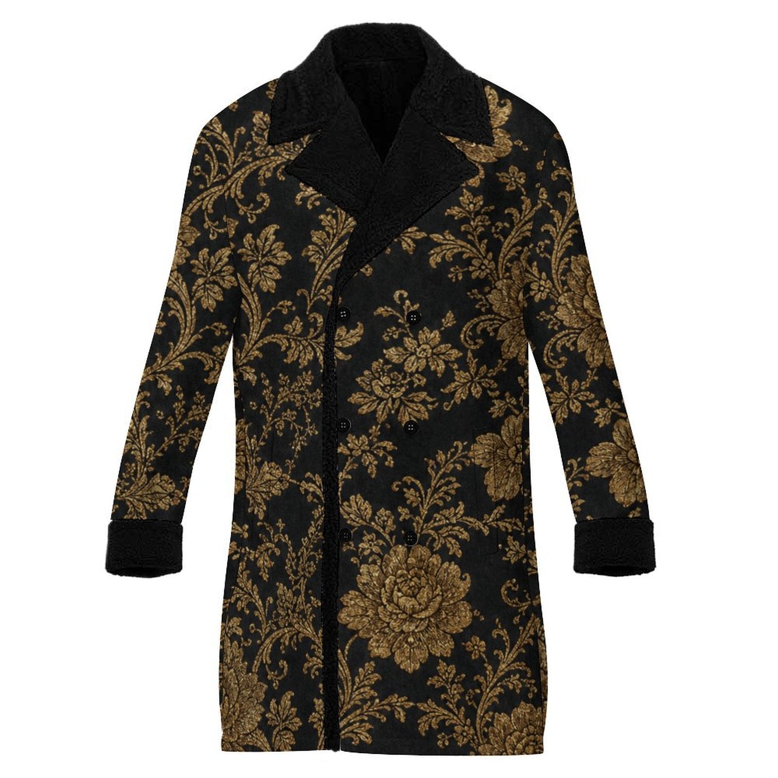 Rich and Rich Black Gold Floral Brocade  Men Men's Double Breasted Coat