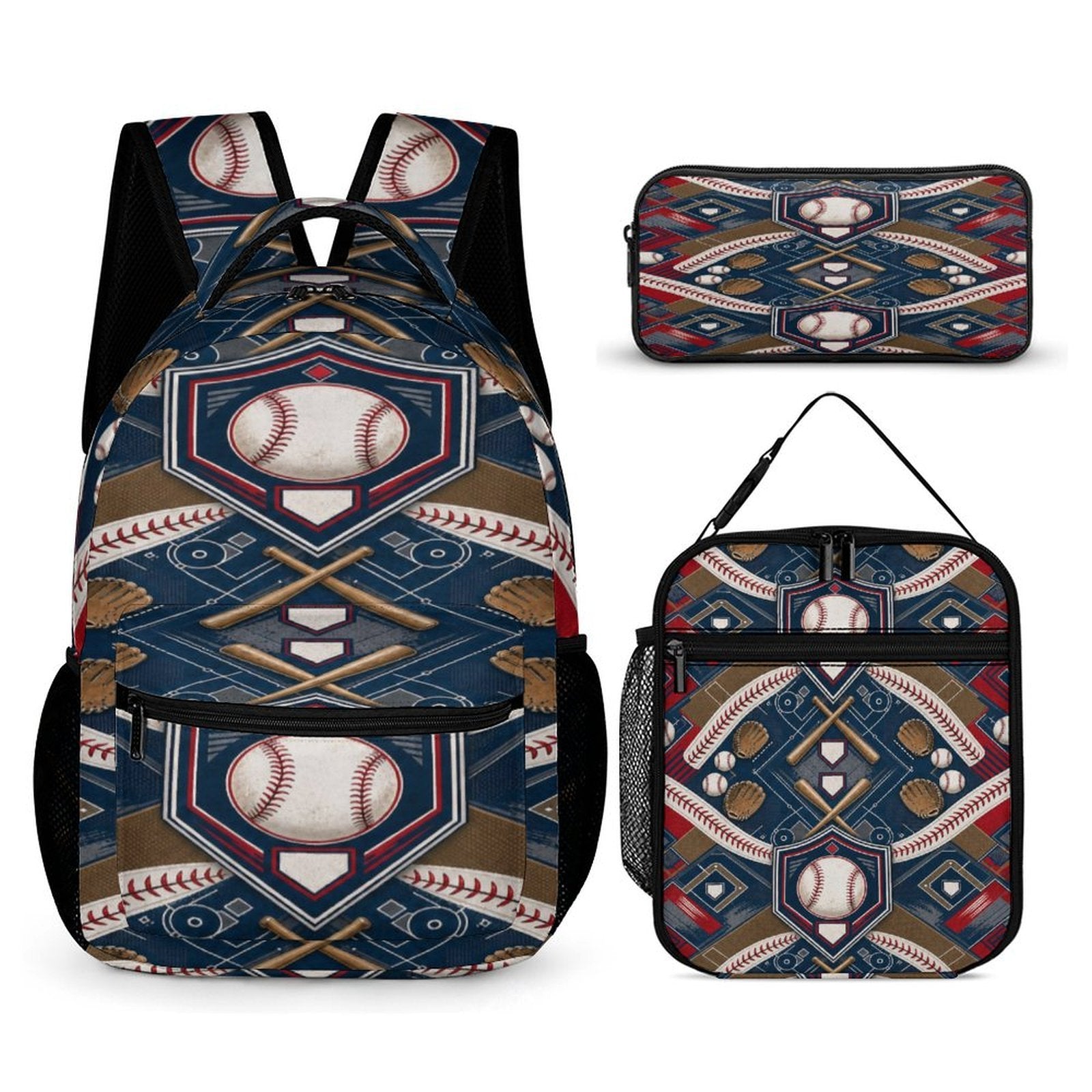 Blue baseball-themed three-piece backpack set with backpack, insulated lunch bag, and pencil case — rear view