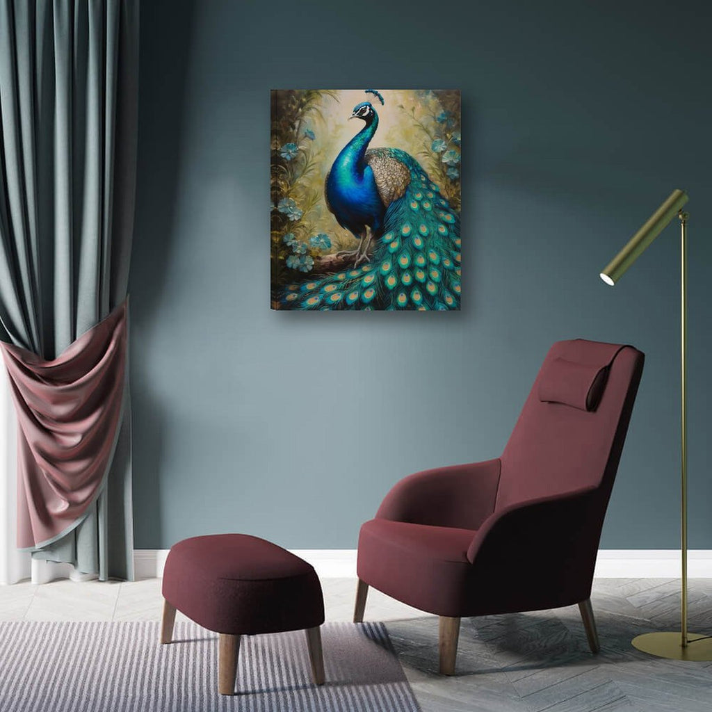Vertical 20x24 inch peacock decorative canvas painting with vibrant colors and hand-framed detail