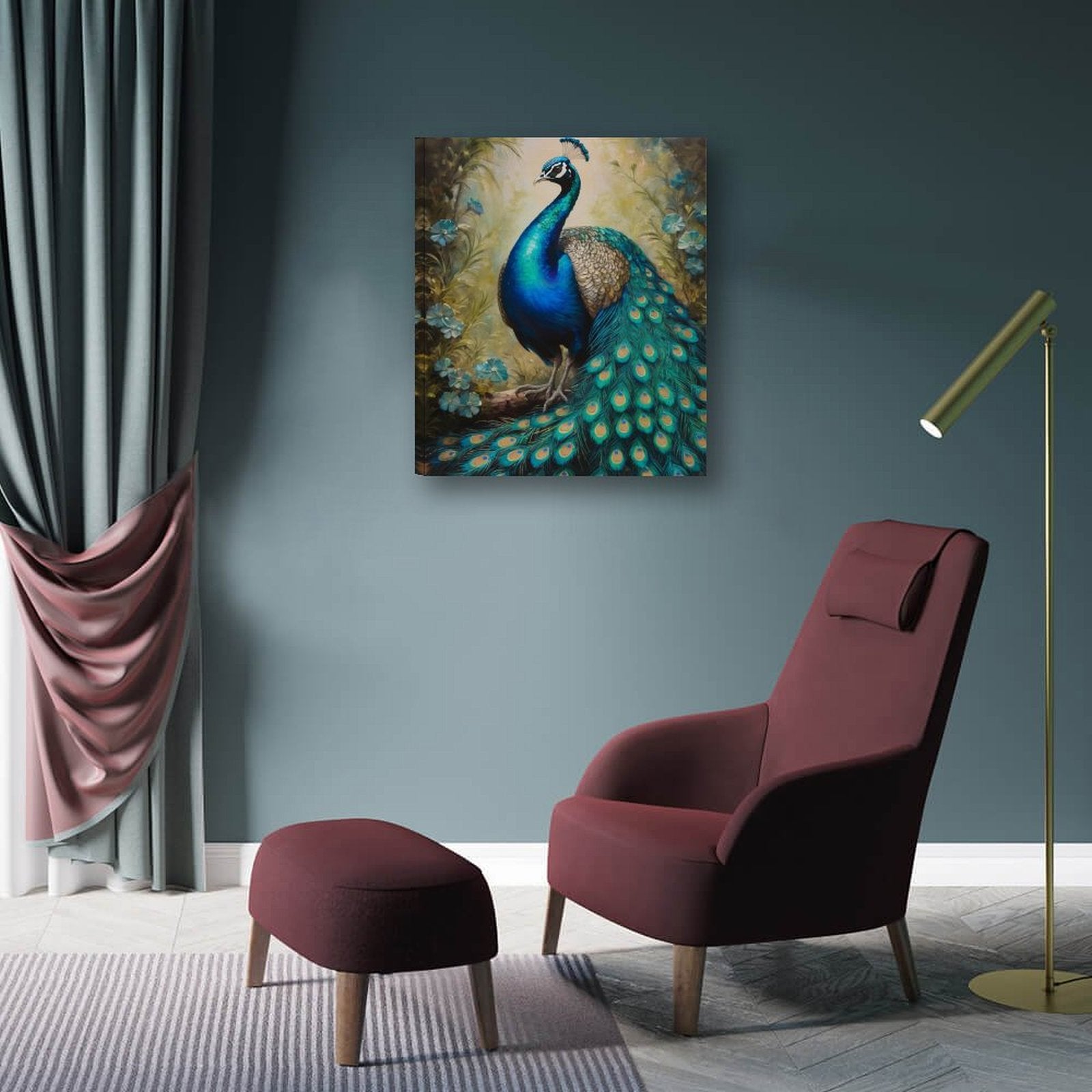Vertical 20x24 inch peacock decorative canvas painting with vibrant colors and hand-framed detail