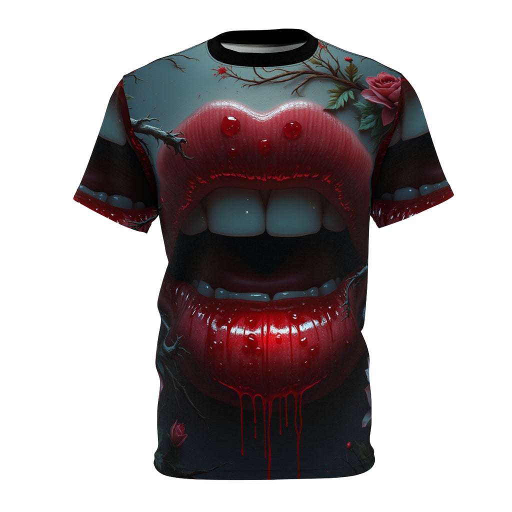 Vampiric Kiss Unisex Gothic Halloween Graphic Tee with dark vampire-inspired design