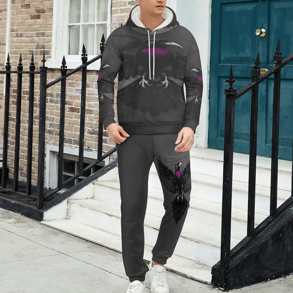 Men's all-over print sweater suit tracksuit with cropped hoodie and drawstring hood