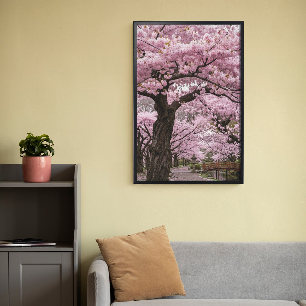 A Rich and Rich Cherry Blossom Pathway Black Framed Art Print 20×30inch - Rich and Rich Homeopportunities