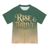 Women's relaxed-fit green all-over print mesh T-shirt with 'Rise & Thrive' design — alternate view
