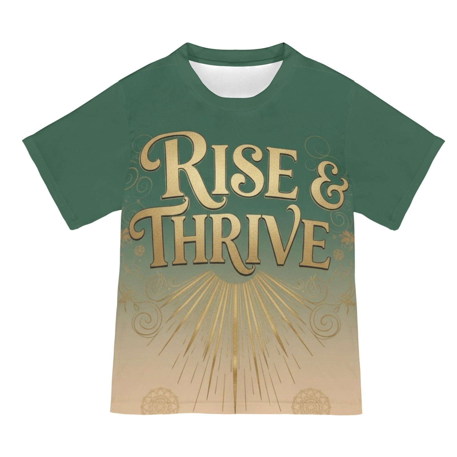 Women's relaxed-fit green all-over print mesh T-shirt with 'Rise & Thrive' design — alternate view