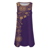 Sleeveless purple print women's dress with round neckline and side pockets — additional view 7